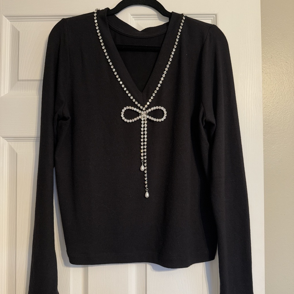 LOFT Black Long Sleeve Top with Pearl Bow Accent